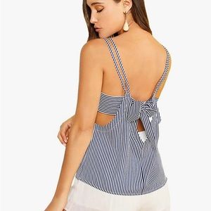 V Neck Sleeveless Stripe Blouse Strappy Bow Backless Cami Tank Top